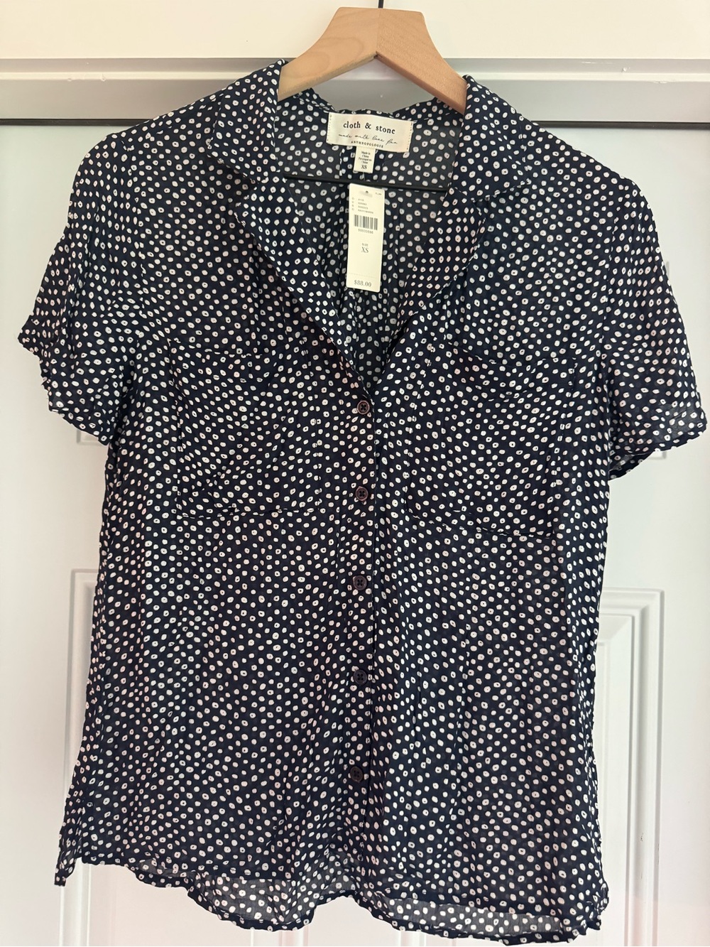 Anthropologie Black Navy Dot Button-Down Short Sleeve Blouse